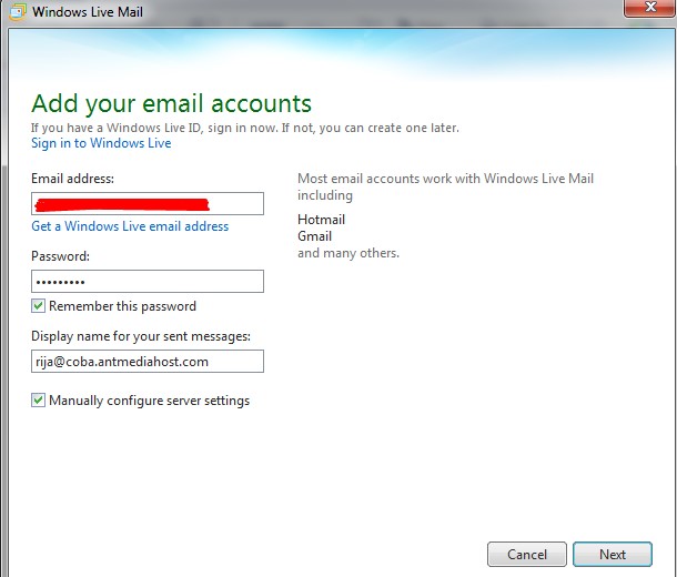 masukkan email di windows live mail